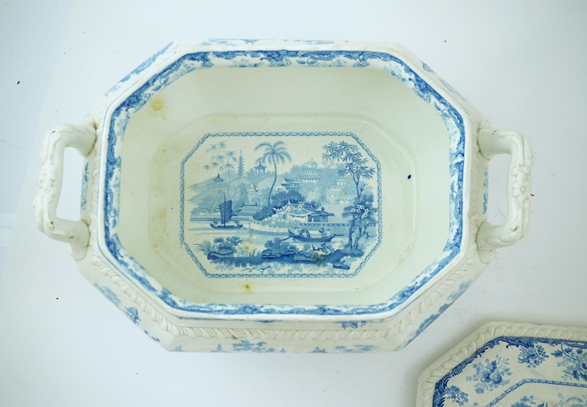 A large Staffordshire blue and white Chinese Marine pattern soup tureen, mid 19th century